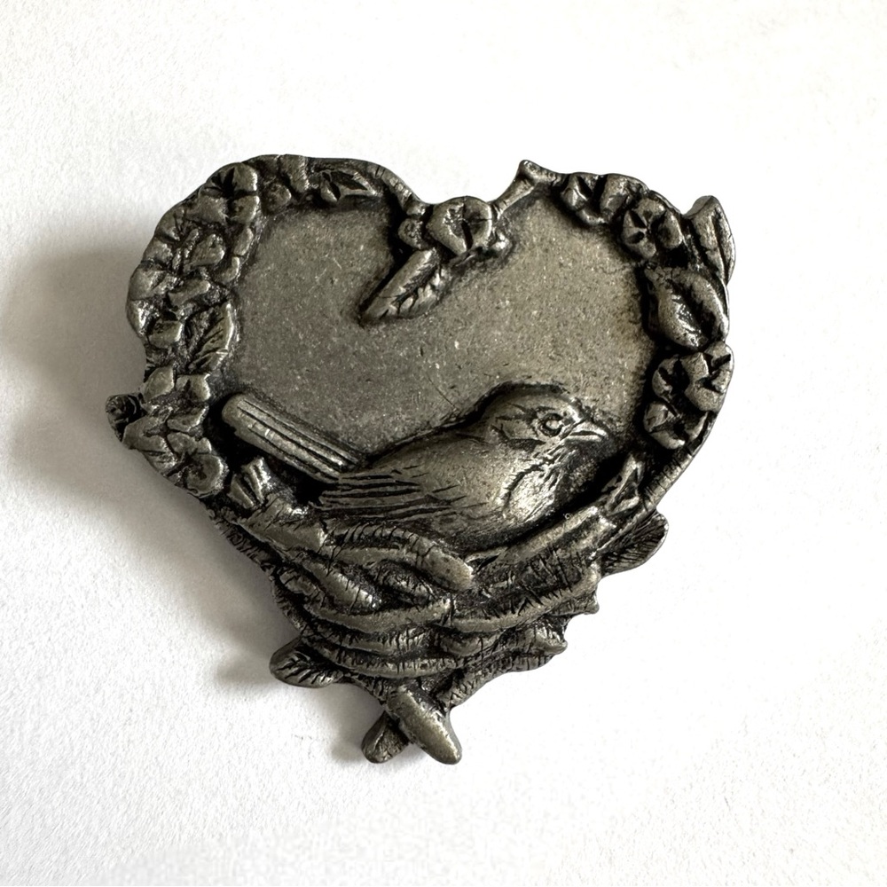 Vintage Birds & Blooms Pewter Heart Bird Brooch Cottagecore Nature Pin Y2K 2004